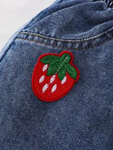 Souflis Girls' Strawberry Print Short Sleeve Denim Set, Cute And Energetic. Bright Red Short Sleeve Top With 1 Dimensional Strawberry Decor, Lively And Playful. Denim Shorts With Multiple Strawberry Decorations Matching The Top Details, Cuffed Hem Design, Elastic Waist For Easy Wear. Suitable For Spring/Summer Casual Outings And Play. - Red - View 4