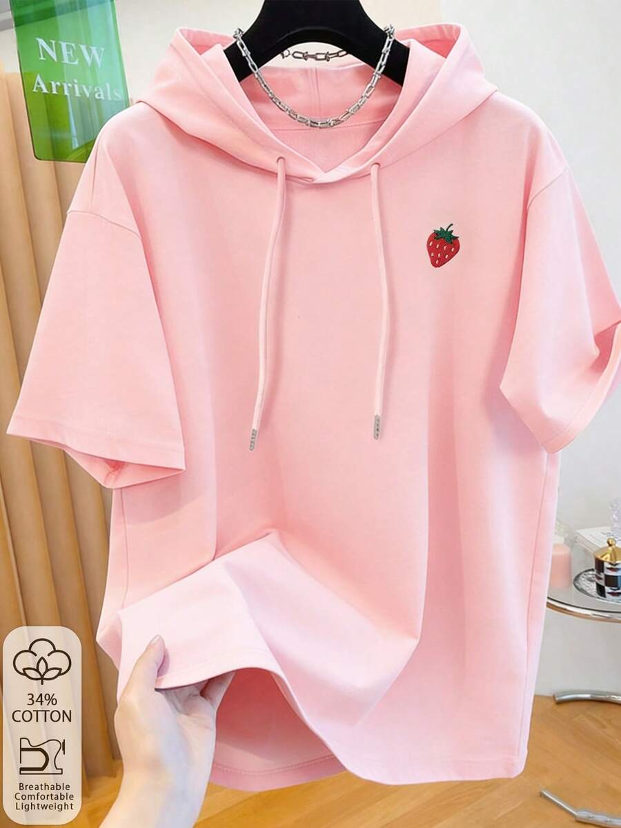 Resyla Camiseta de manga curta com capuz, tamanho grande, rosa claro | Bordado de morango | Tecido respirável | Estilo casual e fofo para o verão - Rosa - Ver 1