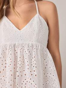 Ocili Traceable Cotton Romantic Home Casual Hollow Embroidery Fabric Solid Color V-Neck Spaghetti Strap Mini Women's Nightgown - White - View 7