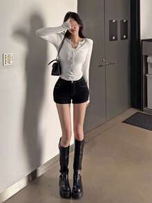 DAZY 女款純色性感街頭風極簡休閒牛仔短褲，適合游泳、夏季約會、生日，黑色 - 黑色 - 查看 5