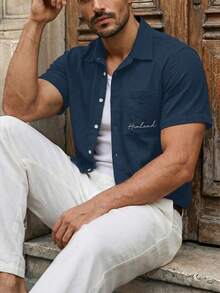 HIMLAND Embroidered Chest Men's Short Sleeve Single-Breasted Shirt, Vacation, Father's Day Gifts - Blue - View 2