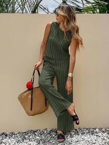 SHEIN Frenchy Women's Vacation Casual Striped Tank Top And Pants 2 Pieces Set,Summer Outfits For Women - Dark Green - View 3