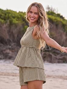 Aralina Women 2pcs Summer Yarn Dyed Stripe Ruffle Detail Top And Short Two Pieces Set Cute Going Out Holiday Outfit Y2K Stockholm Style - Khaki - View 3