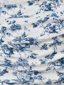 SHEIN Robe t-shirt à manches courtes ajustée pour filles pré-adolescentes, col rond, fleurs ditsy, volants sur les côtés, nœud décoratif. Robe imprimée en tricot côtelé - Blanc - Voir 4