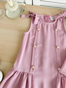 SHEIN LMoss Kids 女童纯色圆领无袖修身连衣裙 - 淺粉色 - 查看 4