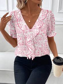 SHEIN Clasi 女款花卉泡泡袖夏季波西米亞風度假荷葉邊上衣，優雅休閒，適合派對、早午餐、婚禮、海灘與工作場合 - 彩色 - 查看 8