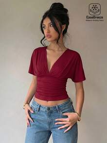 Aloruh Sexy Solid Deep V-Neck Ruched Waist T-Shirt, Summer,Summer Top - Red - View 3