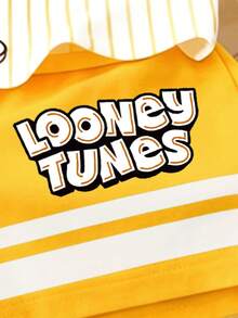 LOONEY TUNES X SHEIN GraphicGems 男童休闲运动时尚街头日常通勤卡通条纹印花短袖T恤短裤套装，夏季 - 黃色 - 查看 4