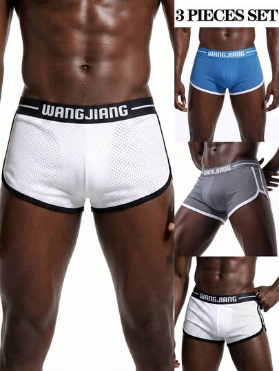 3pcs/Pack Men's Contrast Color Letter Elastic Waistband Breathable Mesh Comfortable Briefs