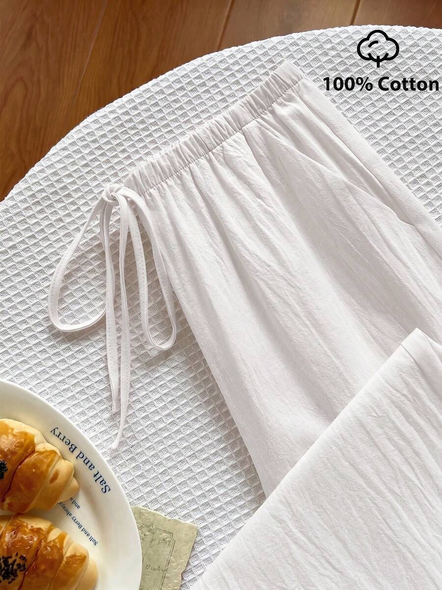 Elamini Women's Casual Everyday Commute Minimalist Versatile Solid Color Drawstring Waist Wide Leg Pants - White - View 1