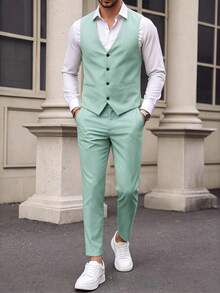 Manfinity Bizformal Men Light Green V-Neck Waistcoat And Pants Suit Set, Ceremony, Formal - Green - View 4