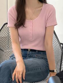DAZY Women's Solid Color Scoop Neck Short Sleeve Fitted Basic T-Shirt, Brown, Spring/Summer - Pink - View 3