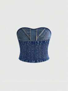 ROMWE Grunge Punk Y2K Retro Sexy Union Jack Metal Rivet Cropped Denim Top - Blue - View 2