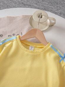SHEIN 2pcs Young Girl Knitted Solid Color Round Neck Casual T-Shirt And Shorts Set - Yellow - View 10