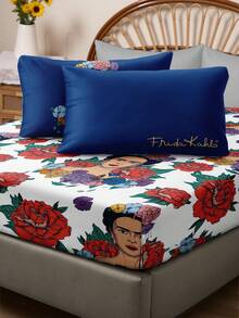 Frida Kahlo X SHEIN 1件花卉图案印花床垫，抛光材质，柔软保暖，适用于单人床/双人床/大号床/特大号床，复古床上用品，打造唯美卧室 - 白紅 - 查看 4