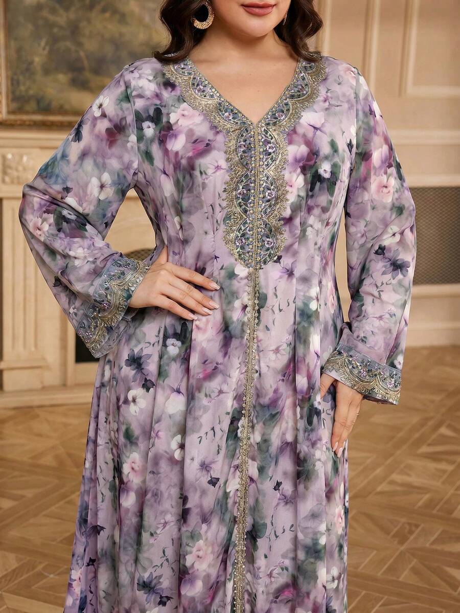 Al Najma Plus Size Women Floral Print V-Neck Elegant Long Sleeve Turkish Maxi Dress - Purple - View 1