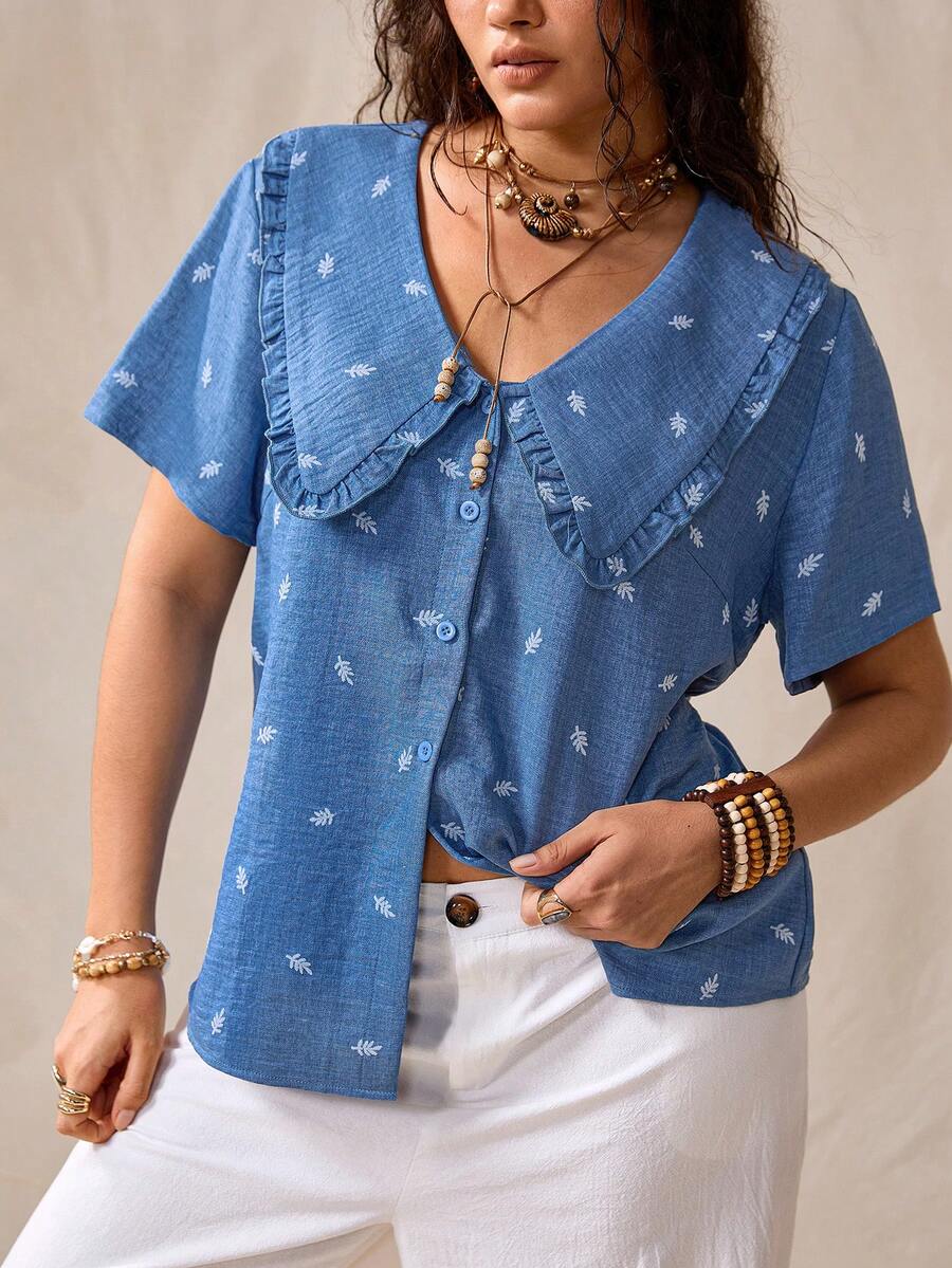 Nubod Summer New Blue Floral Fabric Navy Ruffle Collar Regular-Shoulder Short Sleeve Plus Size Blouse, Summer New Outfit, Casual Shirt, Open Front Shirt - Blue - View 1