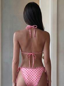 Swim Mod 2-Piece Floral Print Mesh Trim Halter Bikini Set, Sexy Swimwear Summer Picks Pink Bikini Ruffle Trim Bikini Tie Side Bikini Polka Dot Bikini - Pink - View 2