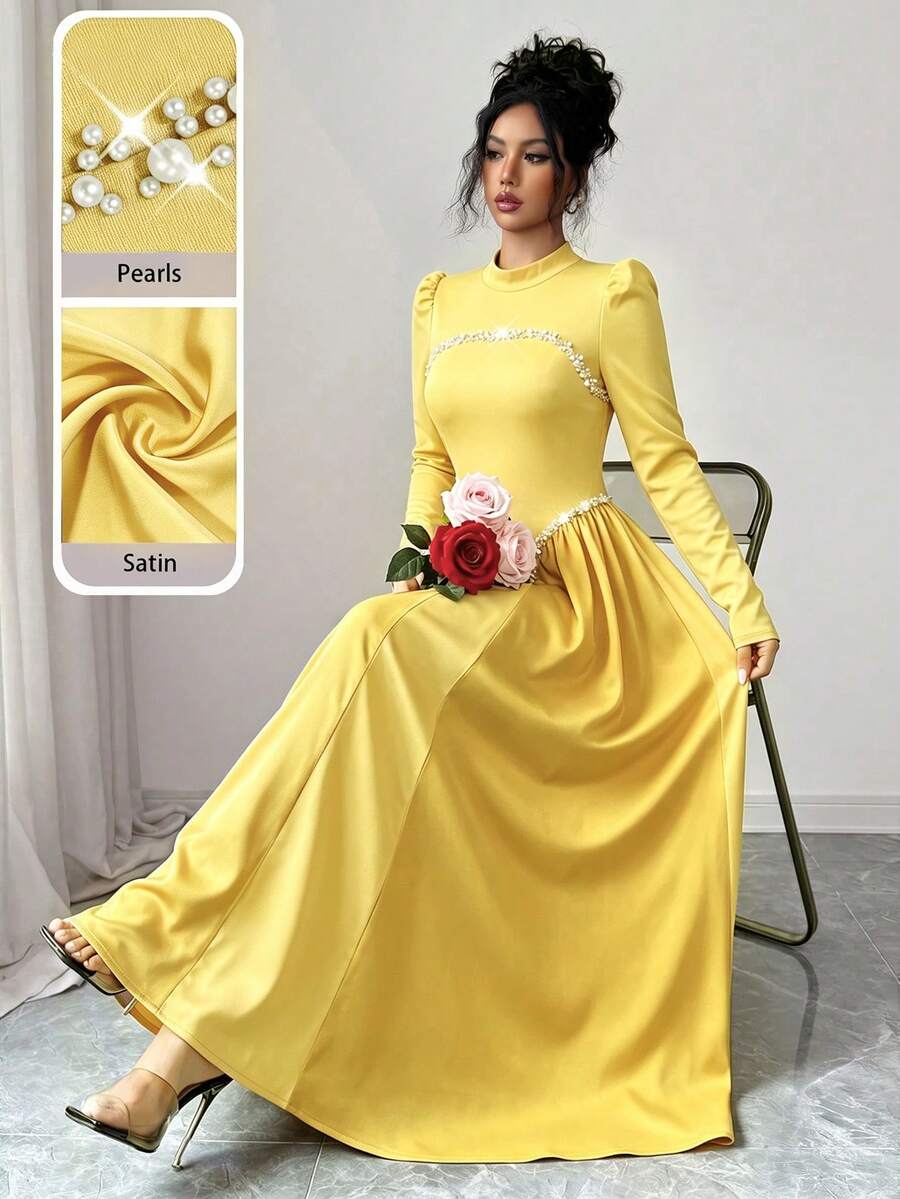 Modelyn Elegant Long Wine Red Beaded Dress For Women, Suitable For Outings In Winter - Yellow - View 1