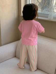 DAZY 女嬰圓領純色短袖上衣與條紋寬鬆長褲 2 件套睡衣套裝 夏季幼兒 - 粉色 - 查看 2