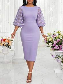 SHEIN Lady Đầm midi tay cánh hoa bằng vải lưới thanh lịch dành cho nữ, thích hợp cho mùa hè. - Màu tím - Xem 1