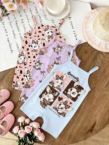 [RANDOM 4 PCS SEND 1 Pc] Baby Girls Cute Vintage Leopard Bow Rabbit Graphic Strap Romper,Soft Summer Colour Palette,Summer,Cute,Family Matching Outfit - Multicolor - View 2