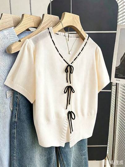 SHEIN Franclia Women's Short Bubble Sleeve Drawstring Tie-Waist Knit Top, Colorblock Design, Semi-Sheer, Elegant For Dates