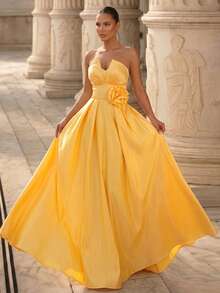 Glamrae Elegante y lujoso vestido de satén con estampado floral sin tirantes y largo, adecuado para bodas, fiestas, vacaciones, bailes y eventos formales (con abundantes adornos) - Amarillo - Ver 3