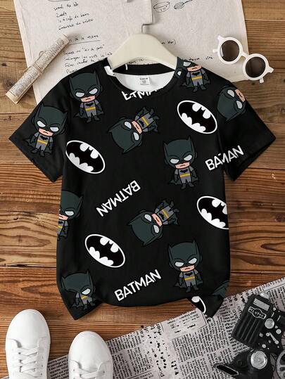 BATMAN X SHEIN Tween Boy Round Neck Short Sleeve T-Shirt, Daily Versatile,