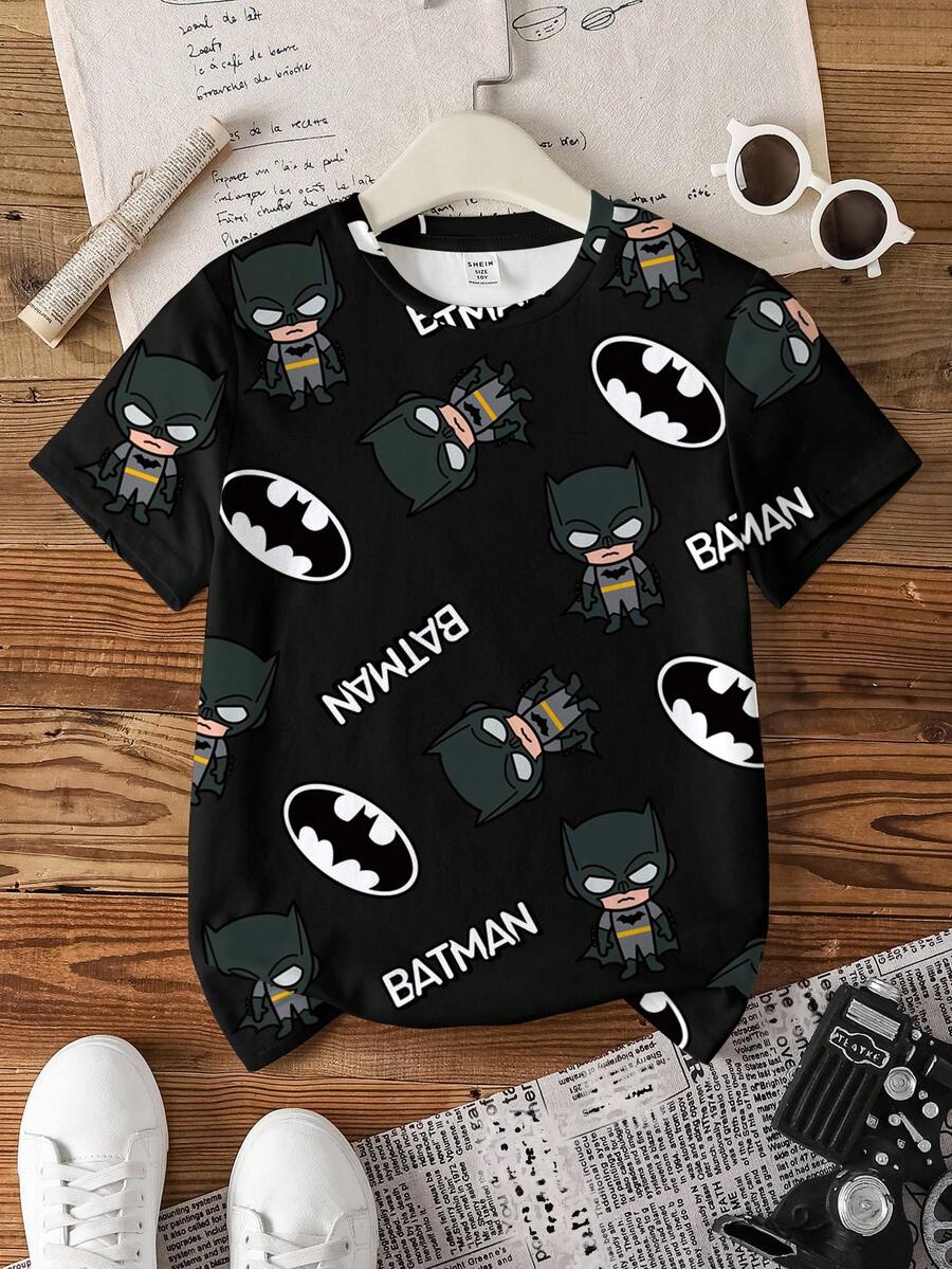 BATMAN X SHEIN Áo thun cổ tròn tay ngắn cho bé trai tuổi teen, đa năng mặc hàng ngày. - trắng - Xem 1