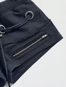 ROMWE Grunge Punk Shorts mini de tiro súper bajo con ojales metálicos y cordones en estilo retro Y2K desgastado - Gris Oscuro - Ver 3