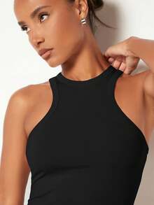 SHEIN BASICS 女士95%纯棉黑色紧身小圆领背心 - 夏季休闲运动装，居家、健身、瑜伽、骑行、返校、西部音乐节、甜美少女风、清爽少女风、复古风、Y2K风、Z世代时尚 - 彩色 - 查看 5