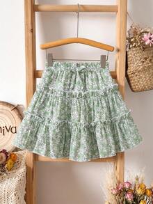 Vintaside Kids 少女鼠尾草綠花卉裙，夏季優雅仙女田園風，輕盈面料，蝴蝶結裝飾，A字版型，荷葉邊層次，海灘與派對穿搭 - 綠色 - 查看 3