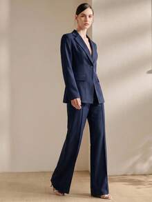 Anewsta Navy Blue Autumn Business Corporate Suit Set,Elegant Office Women's Solid Color Single-Breasted Long Sleeve Vintage Suit For Wedding Guests - Navy Blue - View 4