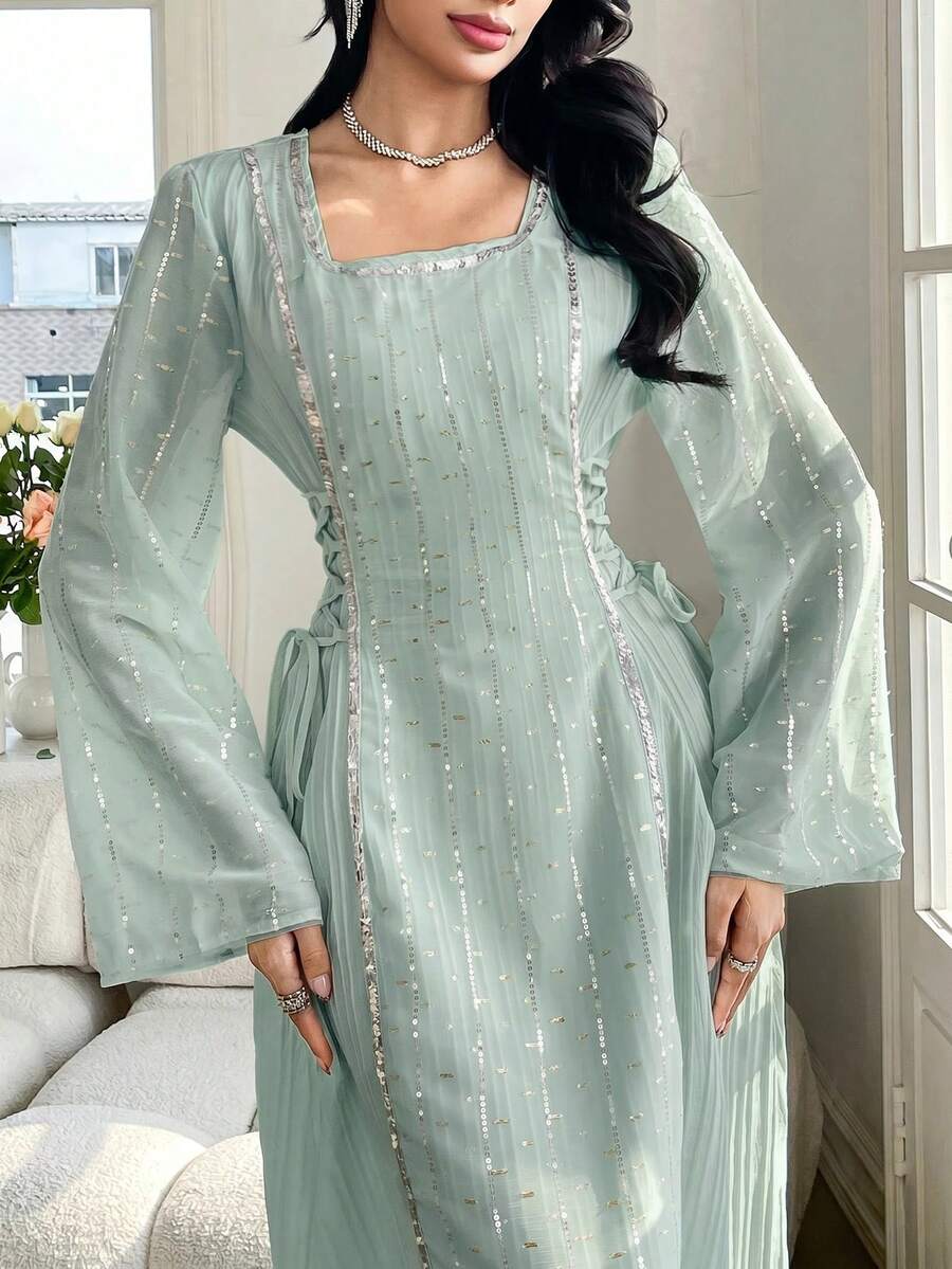 Al Najma 女款時尚優雅端莊方領繫腰阿拉伯風灰色冬季婚禮洗禮賓客晨間禮服