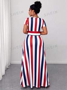 Maweii Plus Size Summer Fashion Color Block Striped Dress - Multicolor - View 2