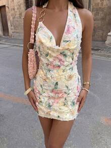 Firerie Women's Elegant Sexy Delicate Romantic Vacation Party Music Festival Date Green Backless Floral Print Bodycon Mini Dress With Metal Decor,Dresses For Women Summer - Apricot - View 6
