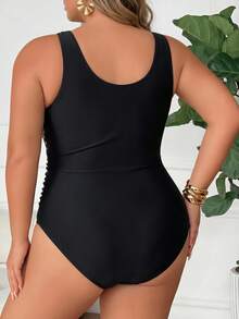 SHEIN CURVE+ 大尺碼女款豹紋拼接連身泳衣，適合海灘度假、度假村、游泳池，黑色豹紋夏季性感款 - 彩色 - 查看 2