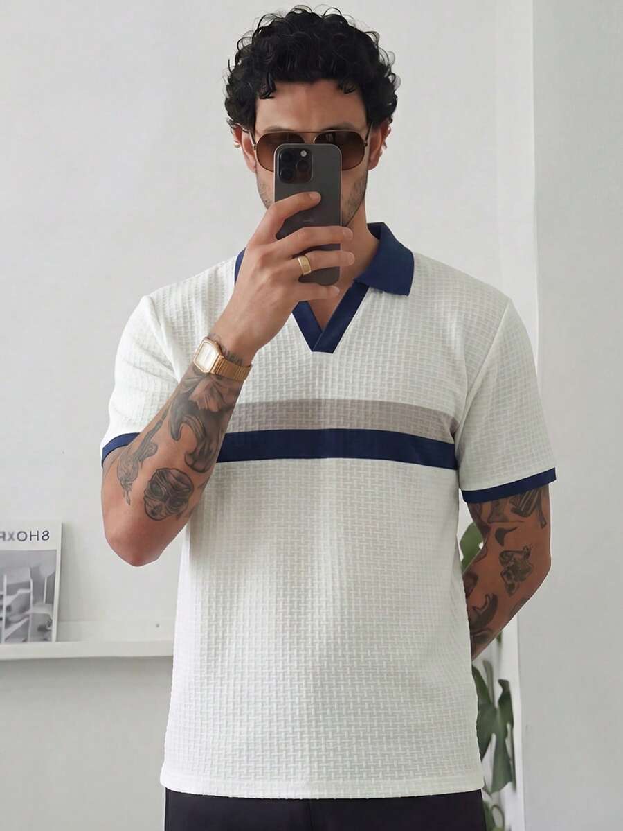 HUEFORM Men's Old Money Short Sleeve Textured Fabric Contrast Color Design Polo Shirt, Suitable For Outings And Gatherings,Suitable For Daily Travel And Comfortable Home Life For Men - White - View 1
