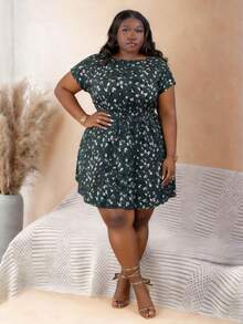 CurvyTilda Plus Ditsy Floral Print Batwing Sleeve Dress For Summer Elegant Vacation, For Hourglass Body Shape - Multicolor - View 1