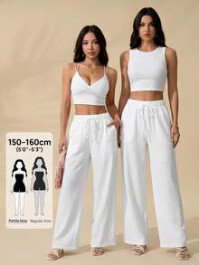 SHEIN PETITE 女款白色編織寬腿長褲，附內裡防透，適合夏季度假，小個女款 - 白色 - 查看 2