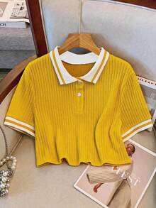 GlowEve CURVE 大码撞色 Polo 领休闲夏季针织 T 恤 - 黃色 - 查看 1
