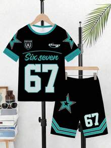 Conjunto de 2 peças para meninos pequenos, casual, criativo, com o número 67, camiseta listrada com estrelas e blocos de cores, confortável para uso diário na primavera e no verão. - Multicolorido - Ver 2