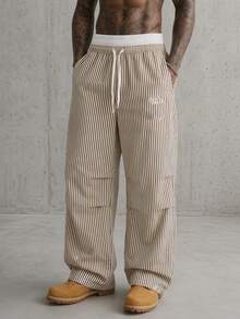 AXEPEAK Men's Casual Loose Striped Drawstring Waist Pants - Brown - View 1