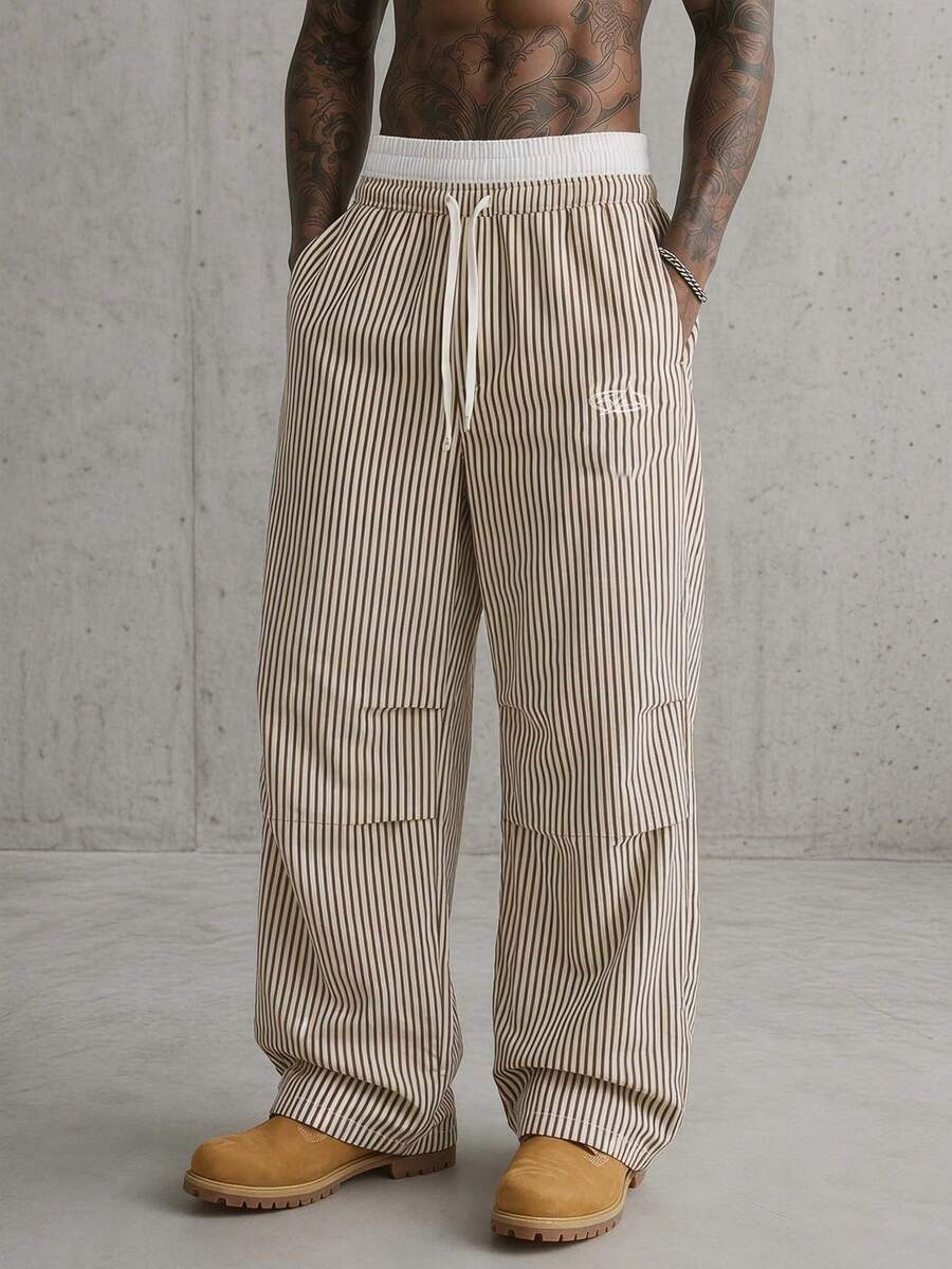 AXEPEAK Men's Casual Loose Striped Drawstring Waist Pants - Brown - View 1