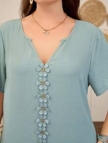 Lacomfia Casual Solid Color Ruffle Trim Notch Neck Loose Fit Regular Spring/Summer Plus Size Dress - Cadet Blue - View 7