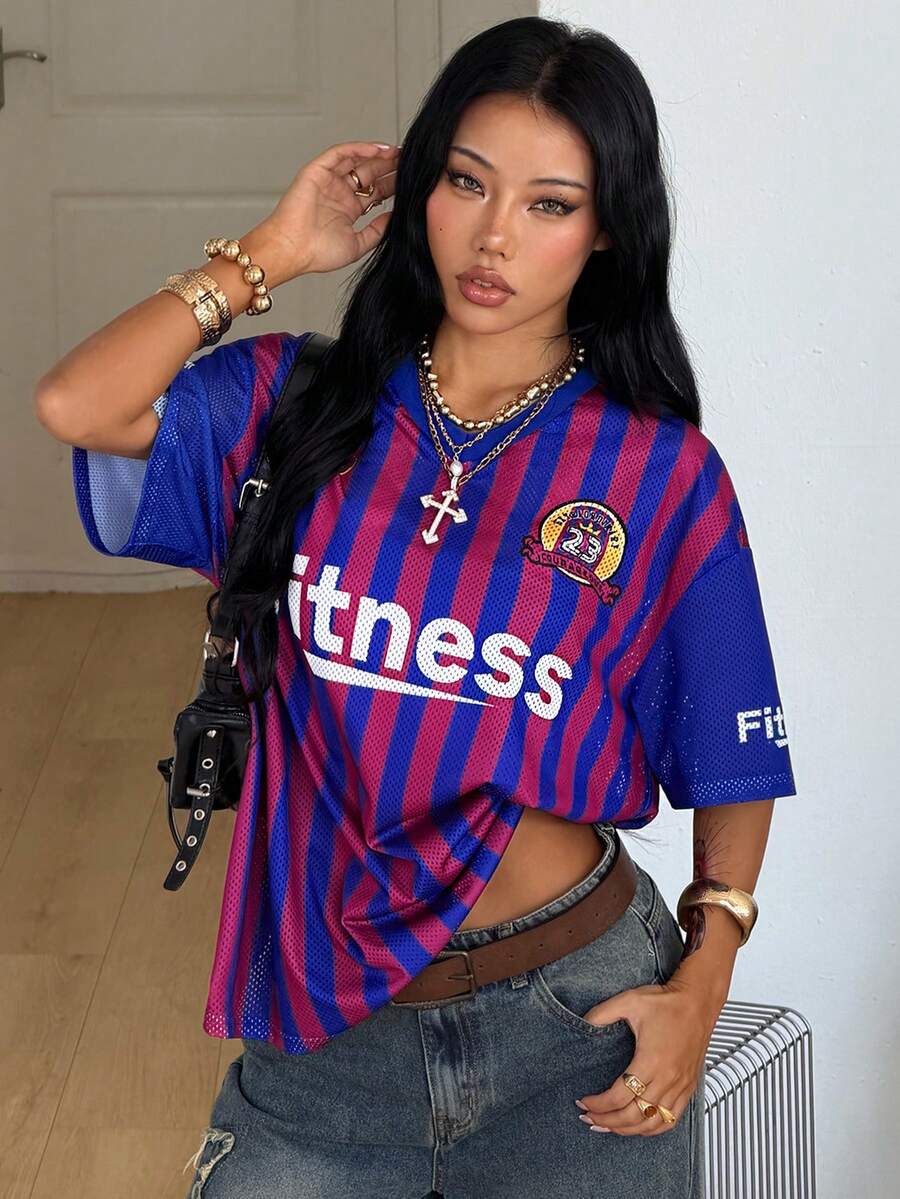 Coolane 女士夏季节日复古街头运动服号码印花超大棒球衫T恤 - 彩色 - 查看 1
