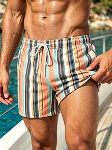 Azuldrift Quần short đi biển nam cỡ lớn, kẻ sọc, có dây rút, dành cho kỳ nghỉ hè. - Màu Khaki - Xem 2