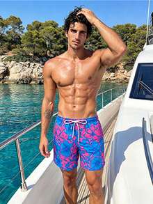 Manfinity Swimmode 夏季男士藍色花卉印花抽繩腰沙灘短褲，熱帶夏威夷度假泳褲，適合度假情侶 - 玫紅色 - 查看 4