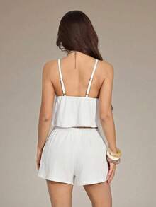 Conjunto de Top de Punto Texturizado y Shorts con Volantes para Mujer, Ideal para Té de la Tarde, Calle, Vacaciones, Fiesta, Festival de Música, Pascua, Estilo Bohemio, Estilo Casual - Blanco - Ver 9